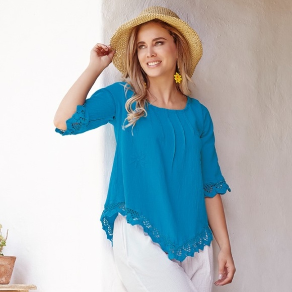 Crinkle Cotton/Embroidered/Lace Blouse - Picture 1 of 7